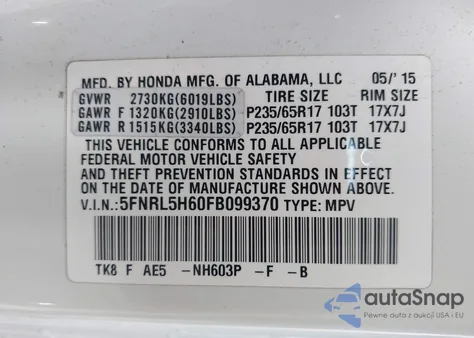 2015 Honda Odyssey Ex-L from USA, damaged, VIN 5FNRL5H60FB099370
